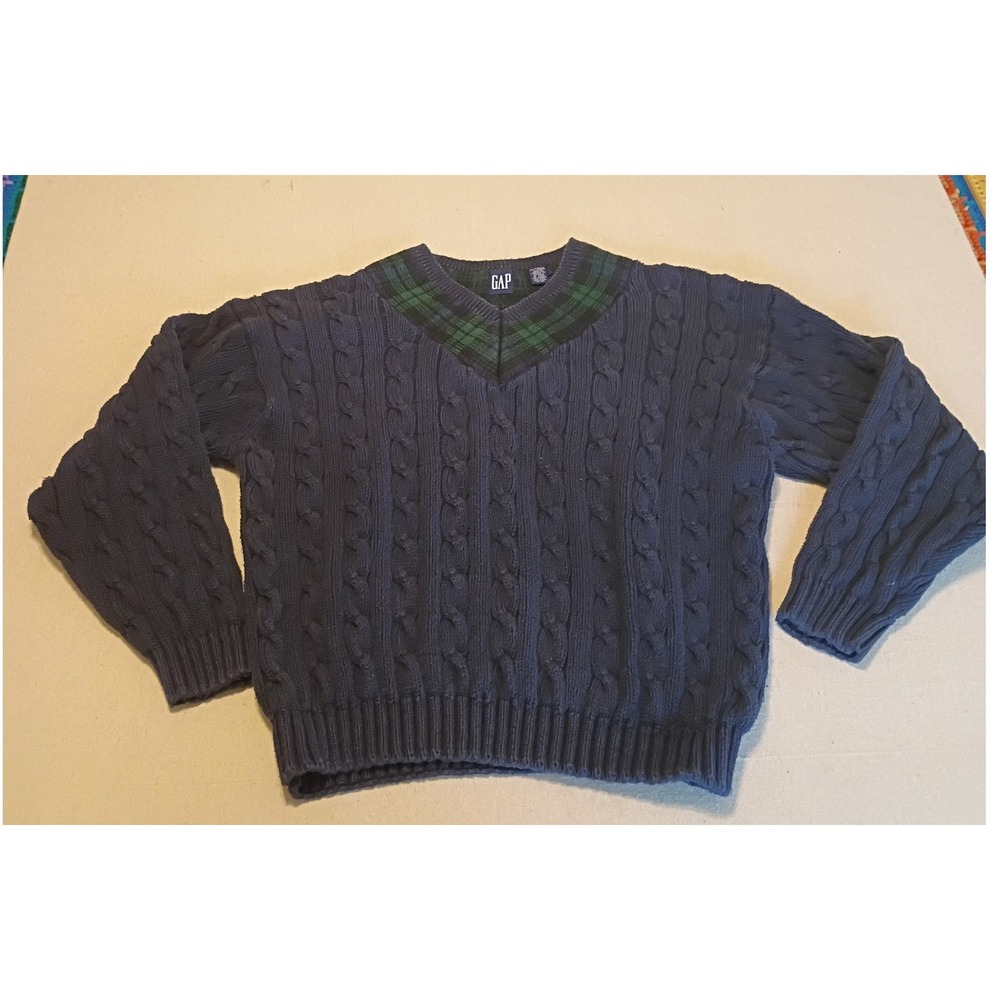 Vintage Gap Mens Navy Blue Cable Knit V-Neck Sweater Plaid Trim Chunky Knit L